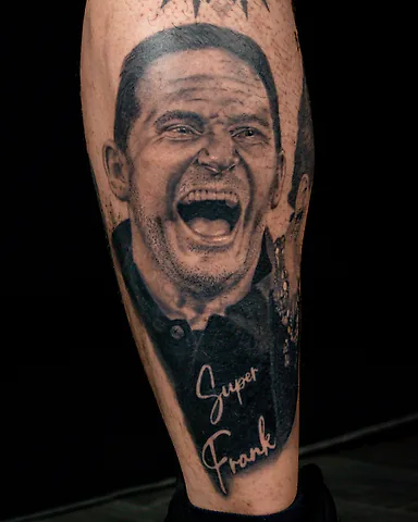 Realistic black and grey Frank Lampard 'Super Frank' portrait calf tattoo, by Domi (based in Coventry, UK)