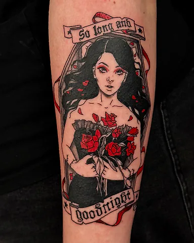 Illustrative black and red My Chemical Romance 'So long and goodnight' forearm tattoo, by Domi (based in Coventry, UK)