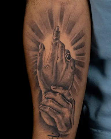 Realistic black and grey hands reaching towards rays of light forearm tattoo, by Domi (based in Coventry, UK)