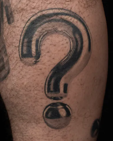 Realistic black and grey 3D chrome question mark calf tattoo, by Domi (based in Coventry, UK)