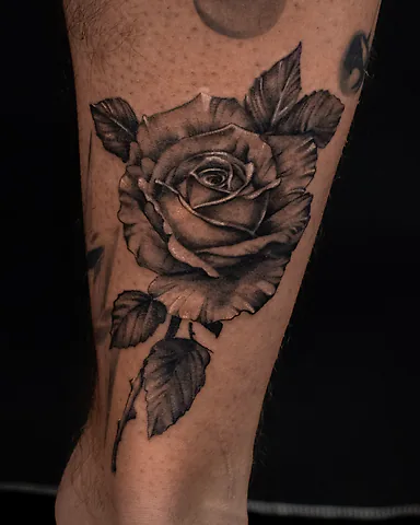Realistic black and grey rose calf tattoo, by Domi (based in Coventry, UK)