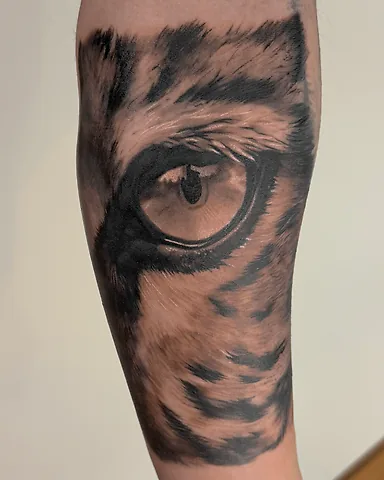 Realistic black and grey tiger eye forearm tattoo, by Domi (based in Coventry, UK)
